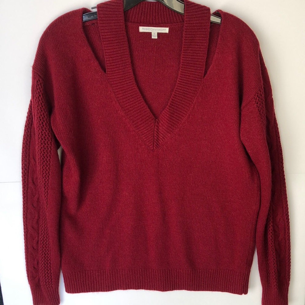 Rebecca Minkoff Burgandy V Neck Cut out Knit Long Sleeve pullover Sweate…